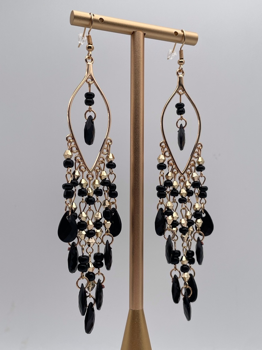 Gold and Black Teardrop Chandelier Earrings - Picture 6 of 12